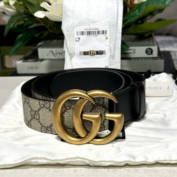 NEW! GUCCI Belt (95= 29/10) GG Supreme Monogram Beige Ebony